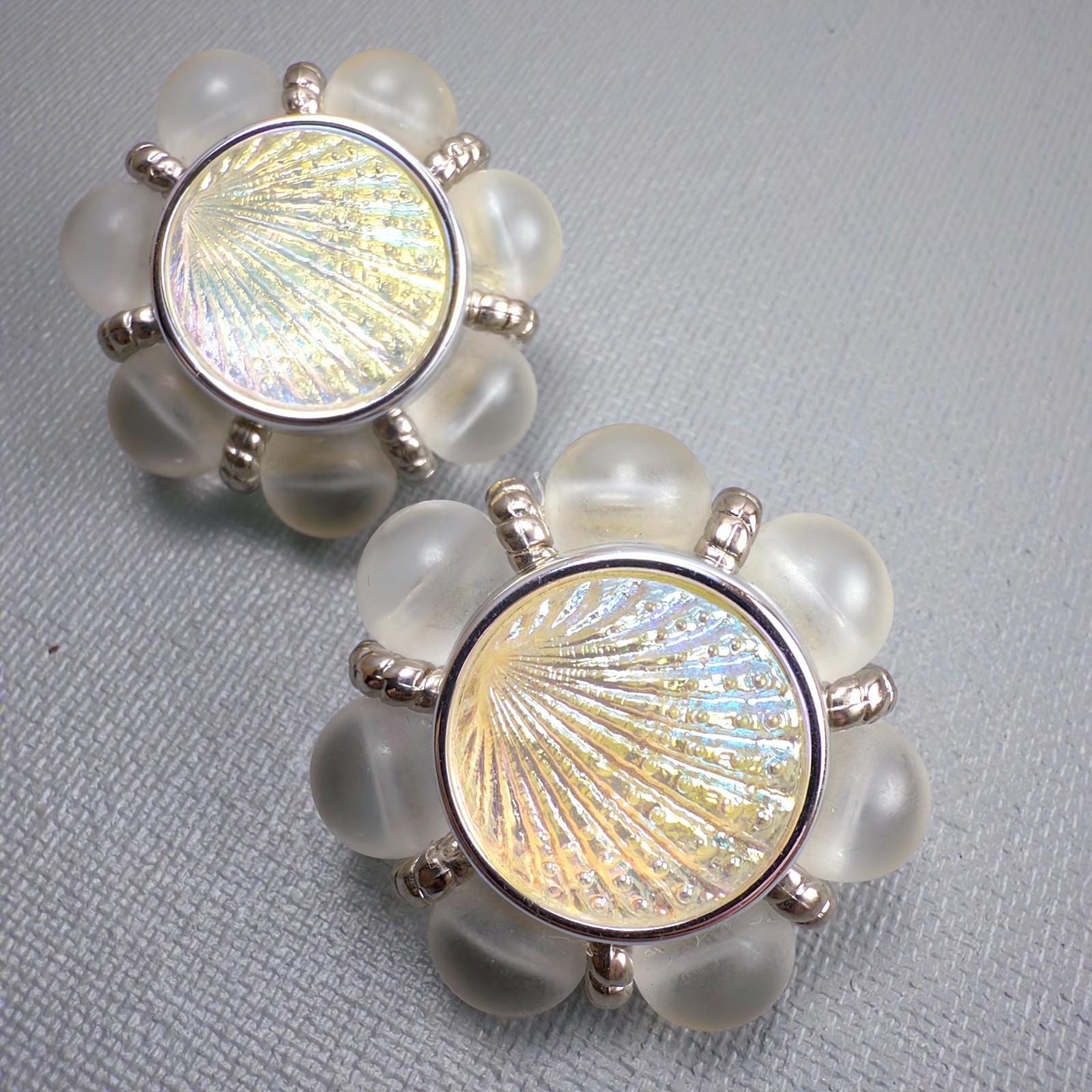 Vintage Acrylic Shell Clip On Earrings Iridescent Beach