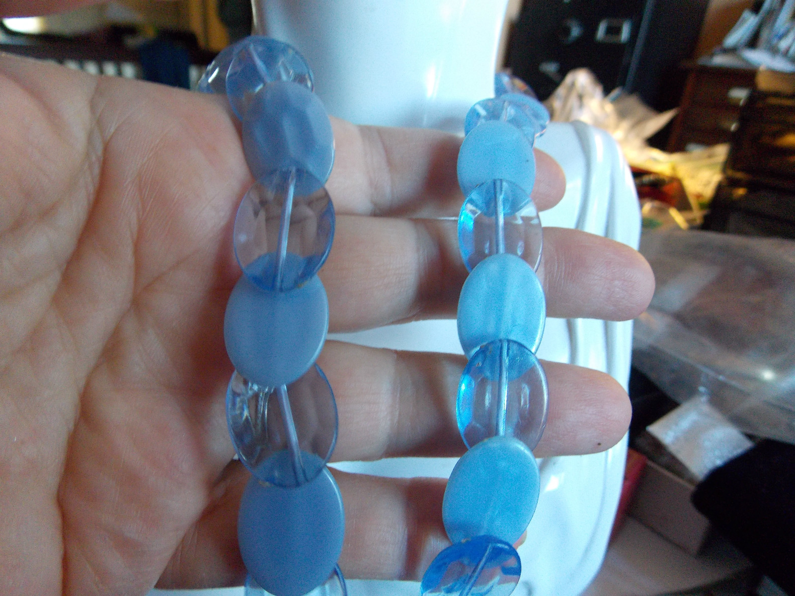 Vintage Lucite Plastic Lozenge Blue Translucent Opaque Silver Necklace 1A 2