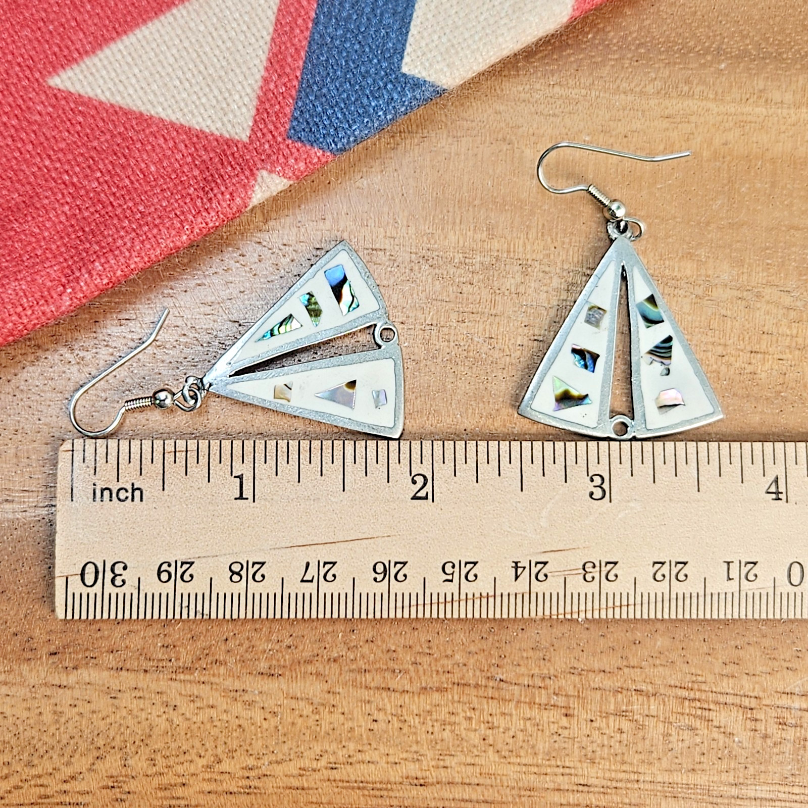 Vintage ALIA Mexico Abalone Inlay on White Enamel Alpaca Silver Dangle Earrings