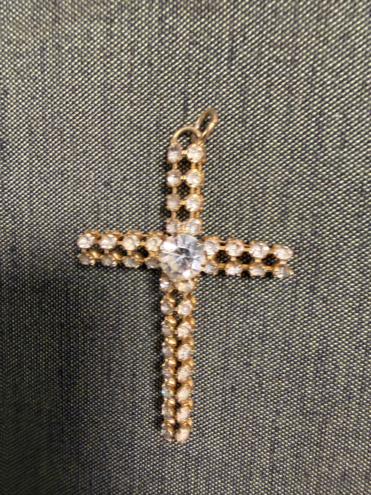 Vintage Metal and White Gem Stone 2″ Cross Pendant Gold Tone