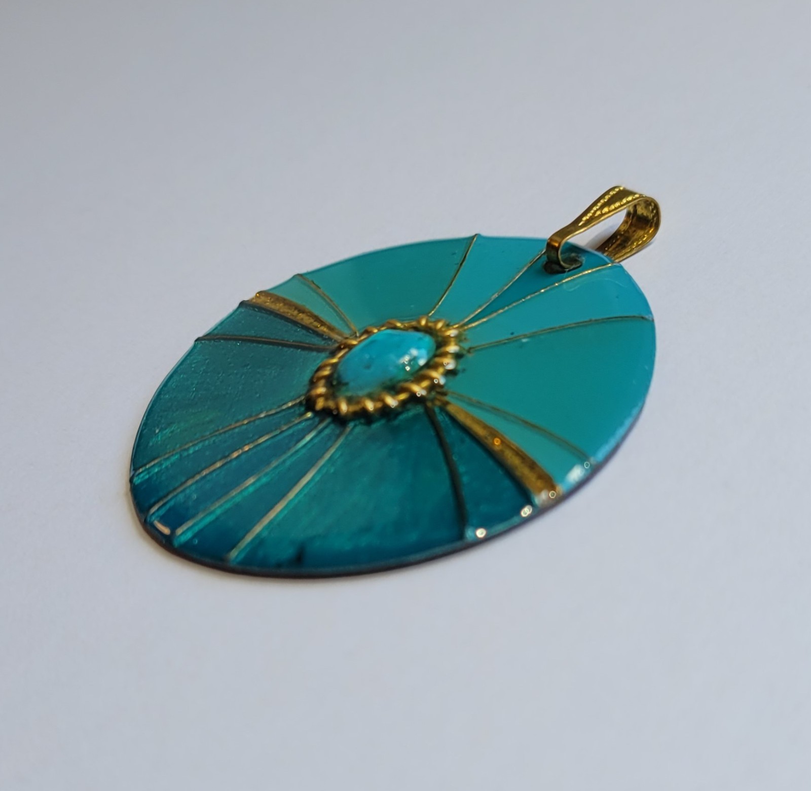 Vintage Gold And Lacquered Blue Handmade Earrings And Pendant Set Signed L.TT