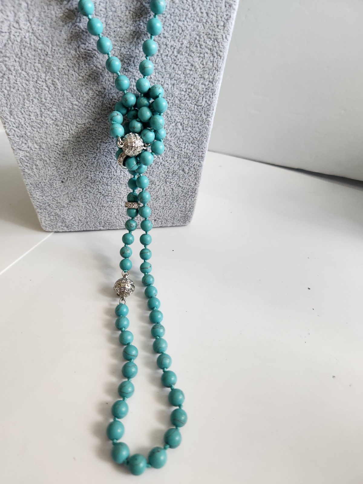 Vintage Genuine Turquoise Pave Rhines Hand Knot Necklace 50″ Mag Adjust 16 + 34