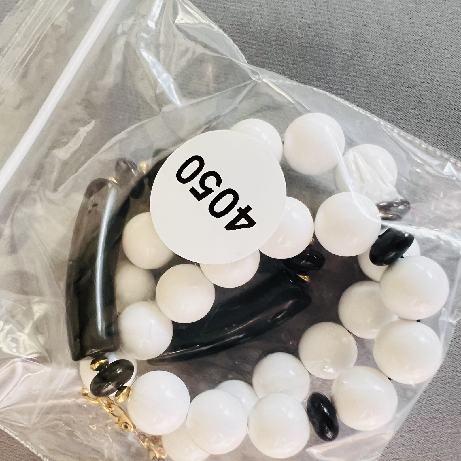Vintage Monet Necklace White Black Gold Lucite Beads Beaded PRETTY 18” 4674