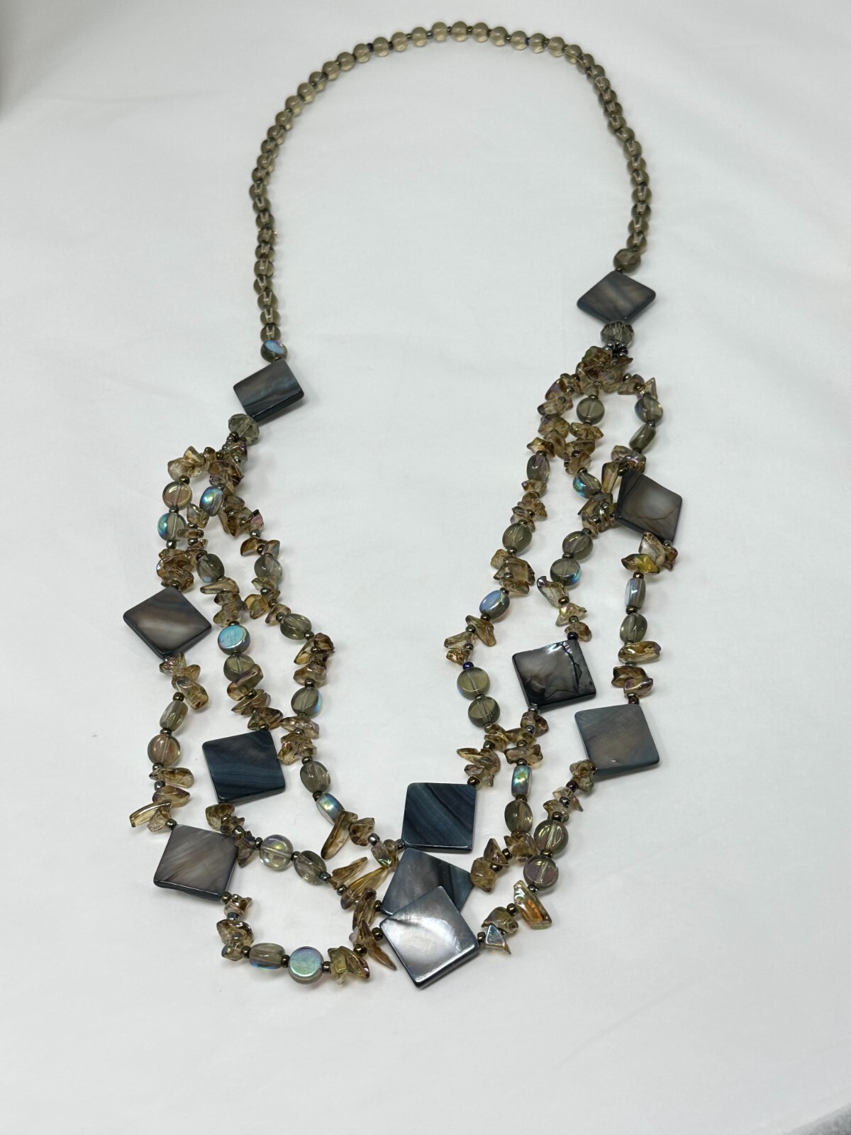 Gorgeous 3-Strand Gray Mother of Pearl and Iridescent Glass Bead 30″ Necklace