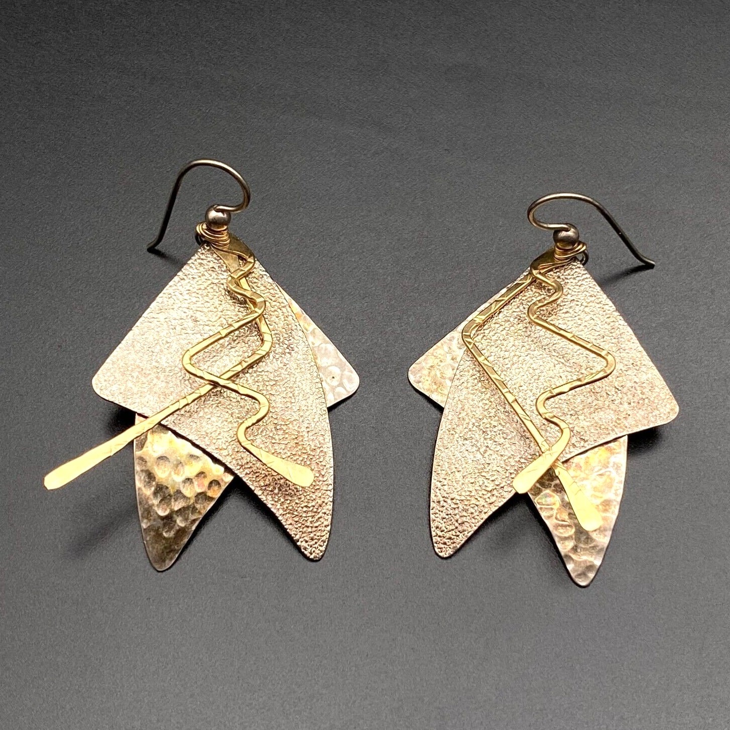 Vintage Modernist Mixed Metal Sterling Silver Dangle Earrings