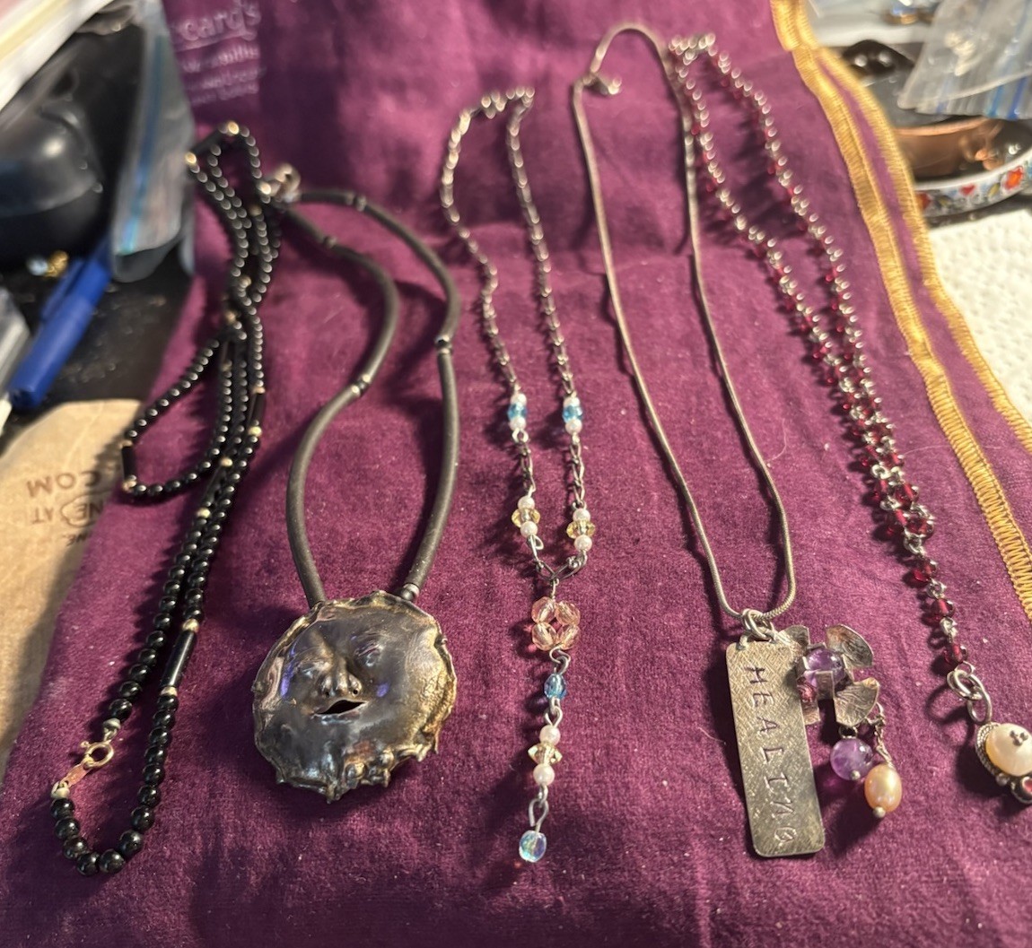 Lot Of (5) Mixed Medals 925/14k, Garnet MOP Artist Necklaces 14-30”L