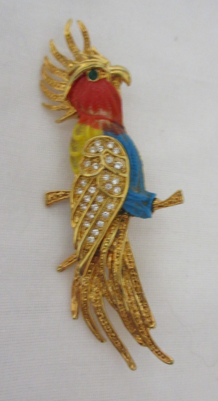 Vintage Large Gold Tone Multicolored Lucite and Rhinestone Parrot Brooch