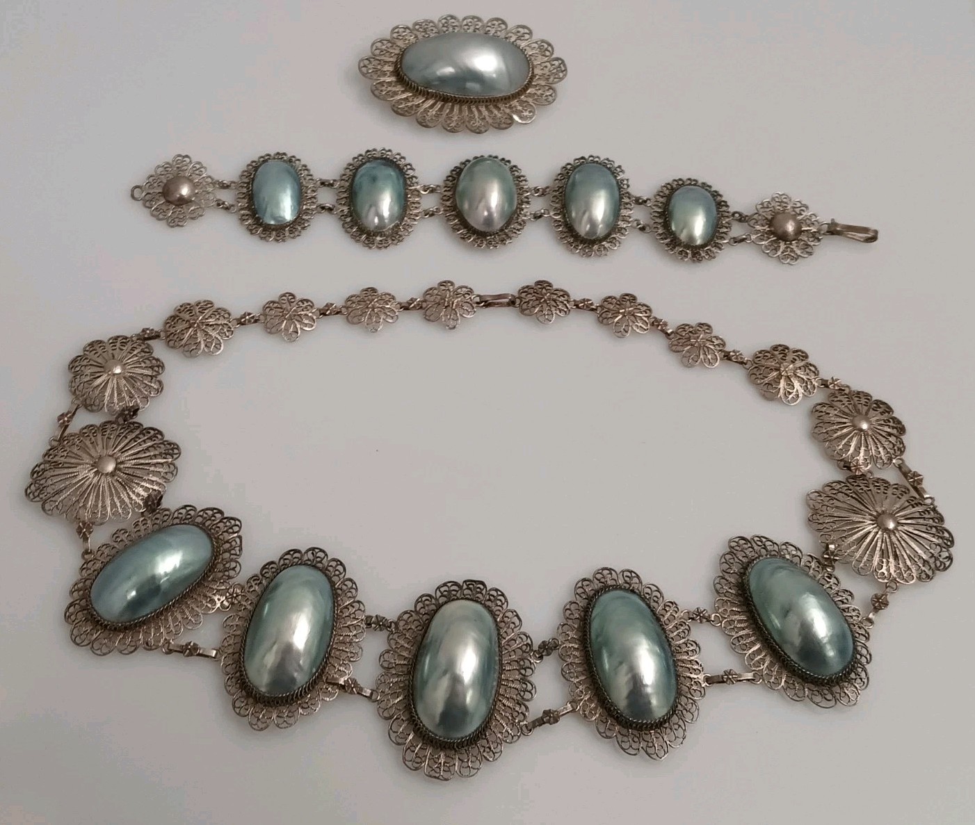 Vintage Antique Silver Filigree Mabe Pearl Necklace Brooch Bracelet Set Lot
