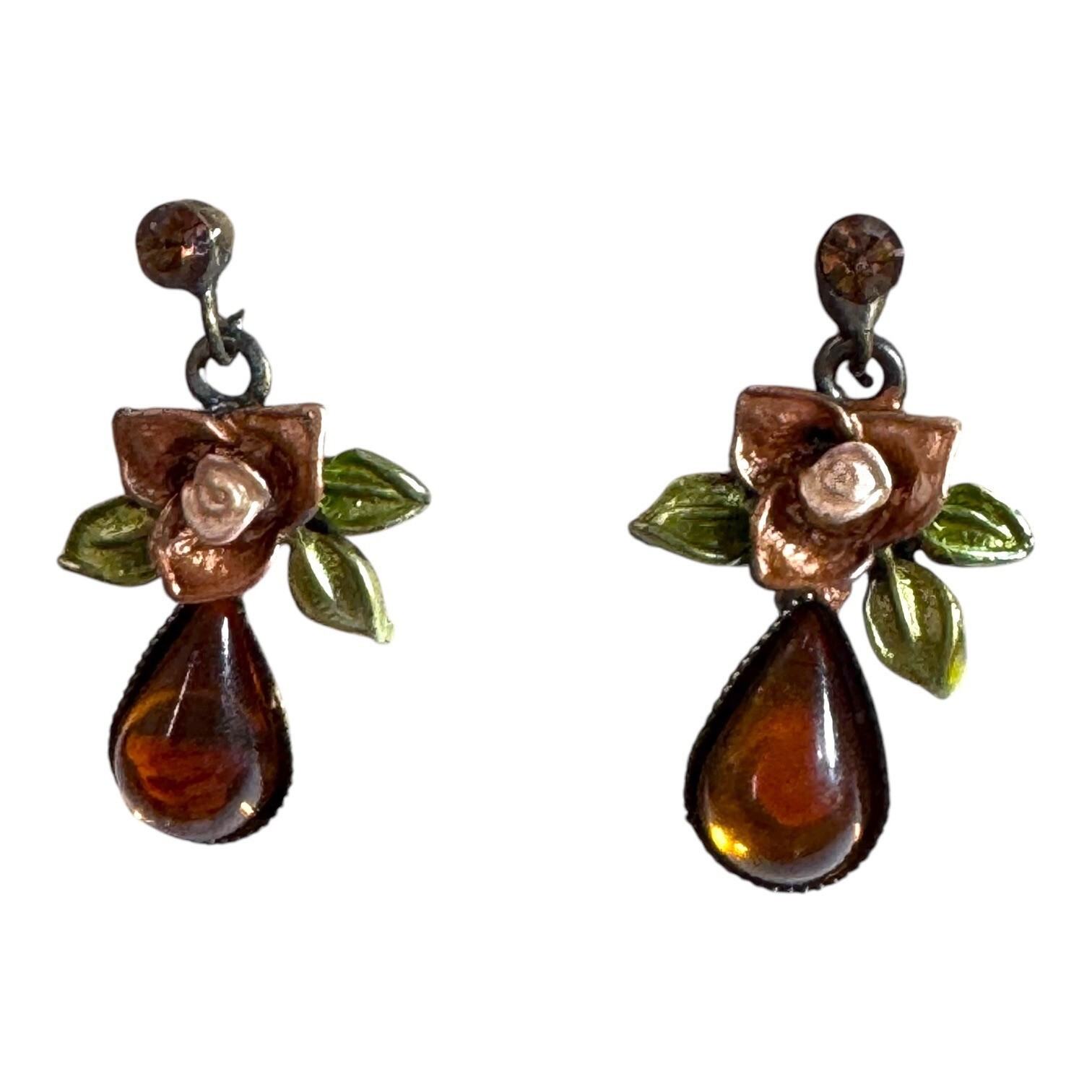 Vtg Floral Enamel Drop Earrings Amber Teardrop Rose Antique Bronze Finish READ