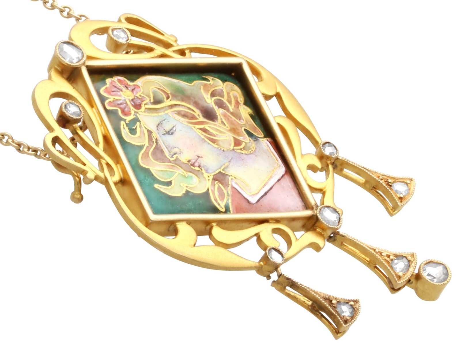 Art Nouveau 0.35Ct Diamond, Enamel and 18k Yellow Gold Pendant Circa 1910