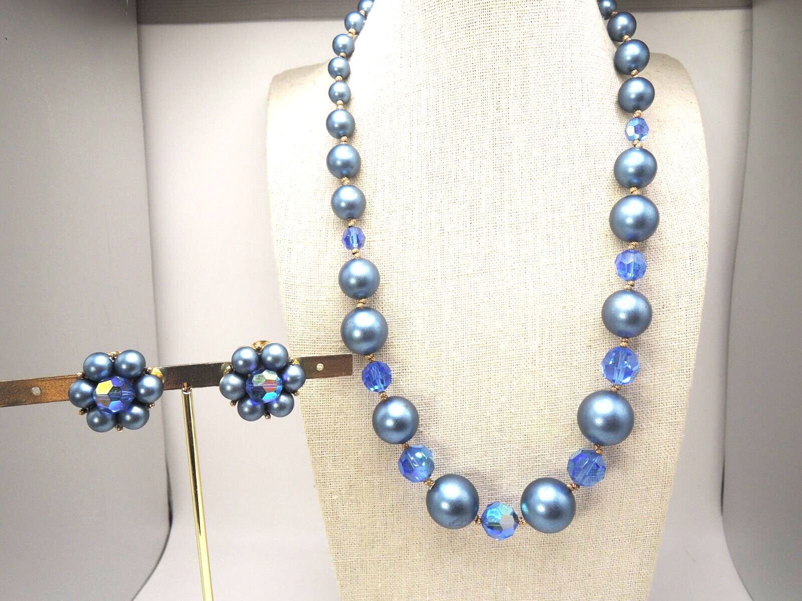 Blue Plastic Bead Necklace and Clip Earrings Set, 1950-’60s