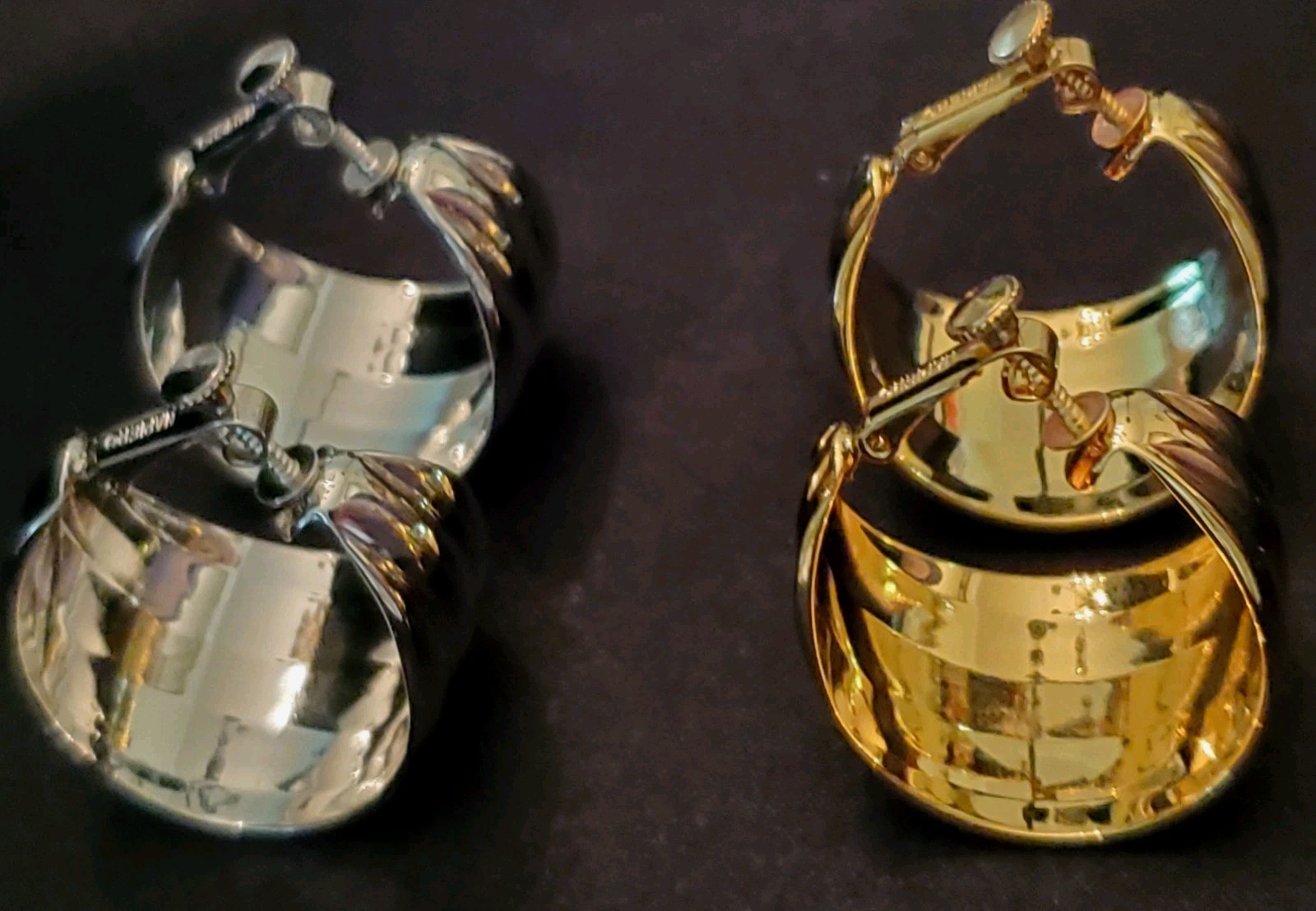 NAPIER Vtg Earring Set, Adjustable Clip- on Hoops, 1 Silver & 1 Gold, Embossed