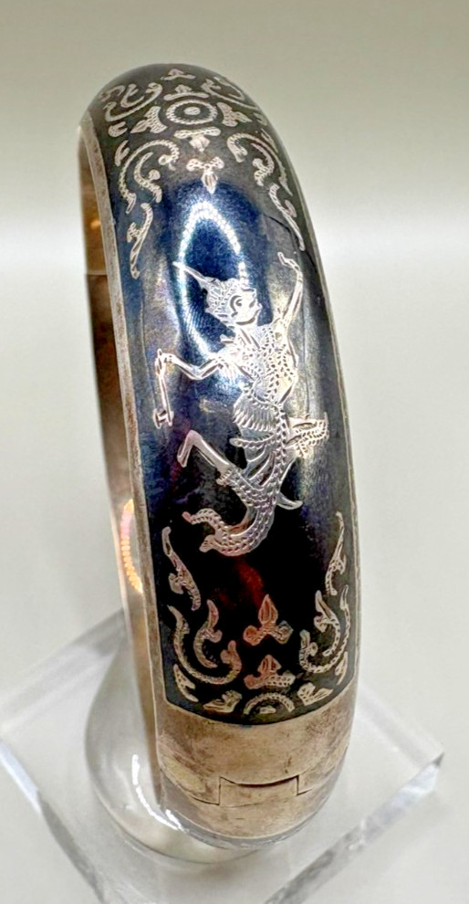 Vintage Siam Sterling Silver Niello Hinged Bangle Bracelet Dancing Goddess 31.5g