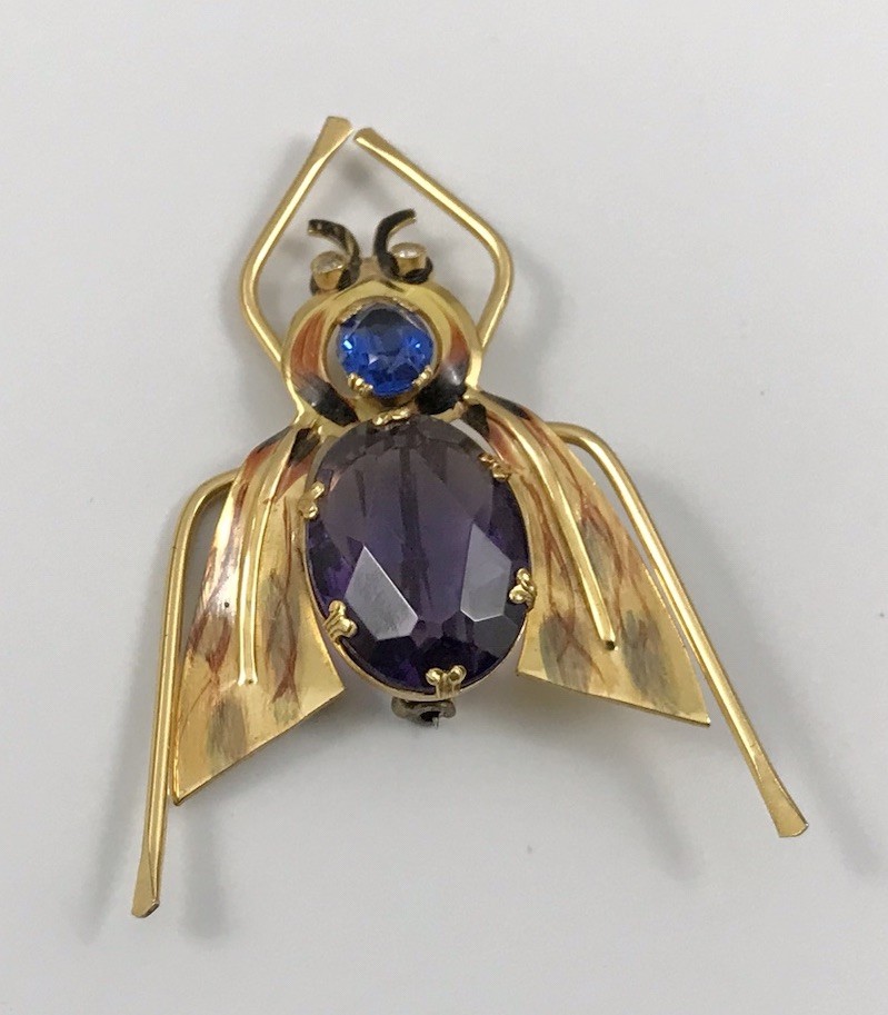 VTG Coro Sterling Silver Purple & Blue Crystals Enamel Fly Insect Brooch Pin #46