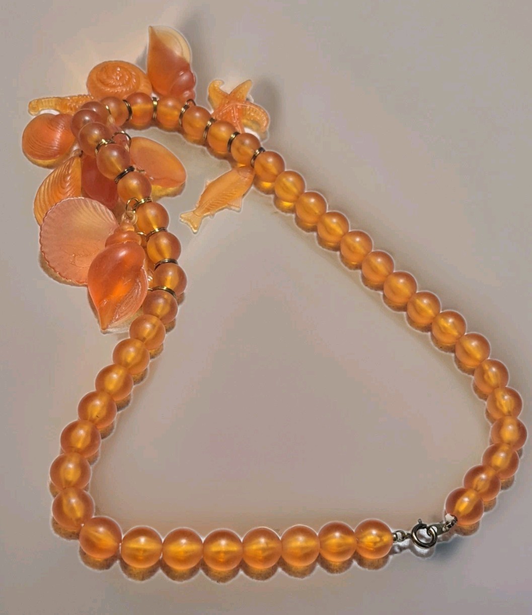 Vtg Lucite Acrylic Retro Glowing Amber Unique Beaded Necklace Shell Fish Charms
