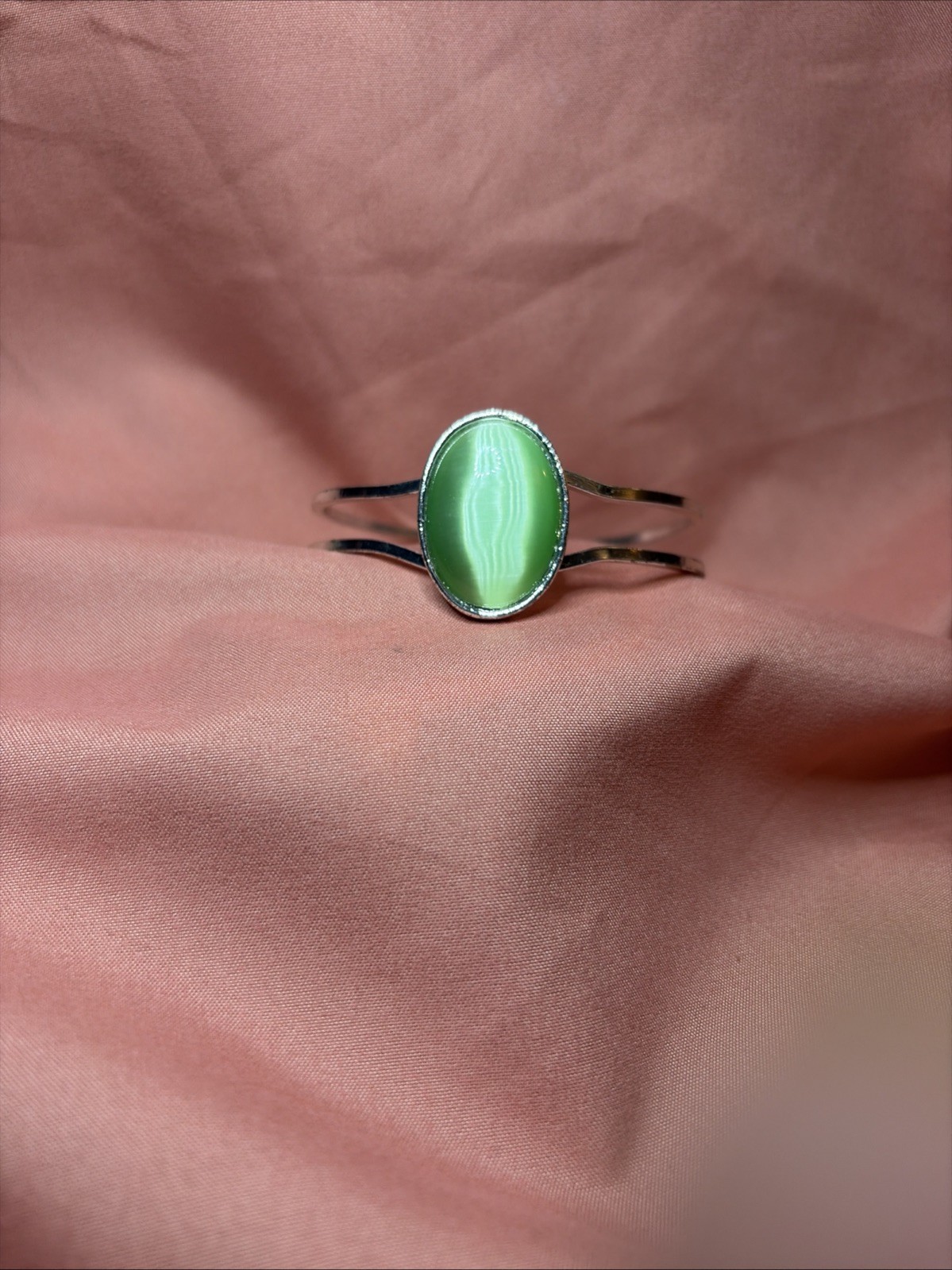Cats Eye Green Cuff Bracelet Silver Tone 2 Bands Oval Is Almost 1 Inch Tall VTG