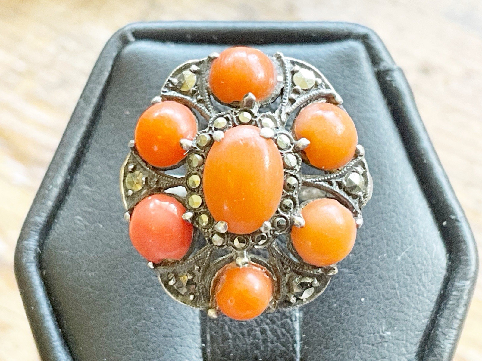 Antique Art Deco 925 Sterling with Coral & Marcasites Cluster Ring Sz. 4.75