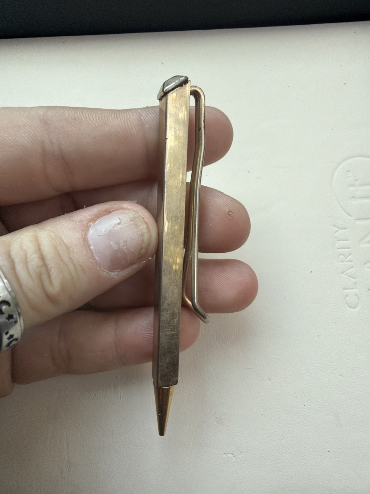 Vintage Dance Card Pencil Clip Brooch Pin gold color 1940s 1950s Tip Functional