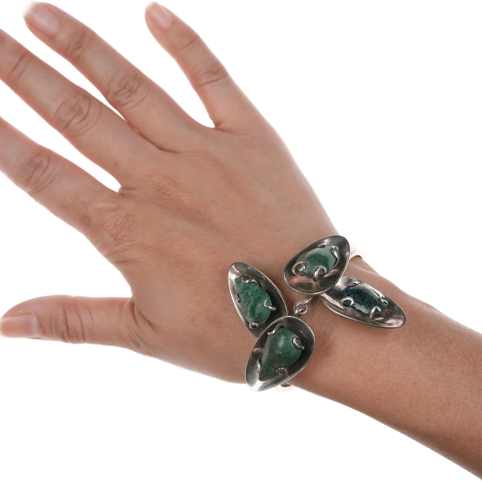 6.25″ Los Castillo sterling silver floraform chysocolla bangle bracelet