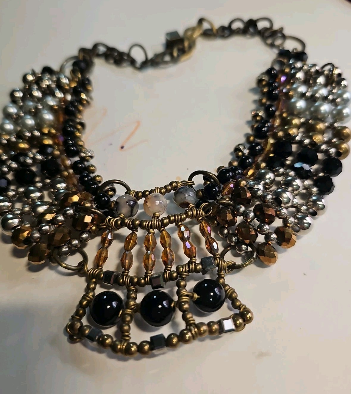 PAM HIRAN Statement Bib Necklace Mixed Bead Collar Brass Tone Chunky Boho Glam