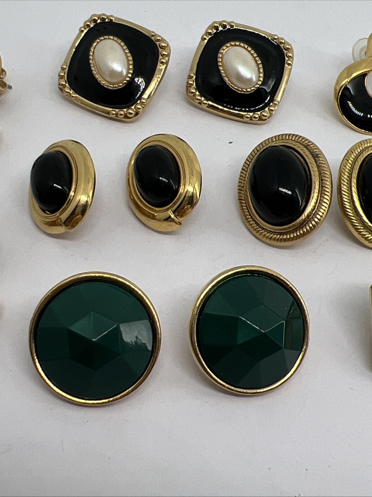 8 Vintage Goldtone Black Enamel Green Pierced Earrings Monet Trifari Avon