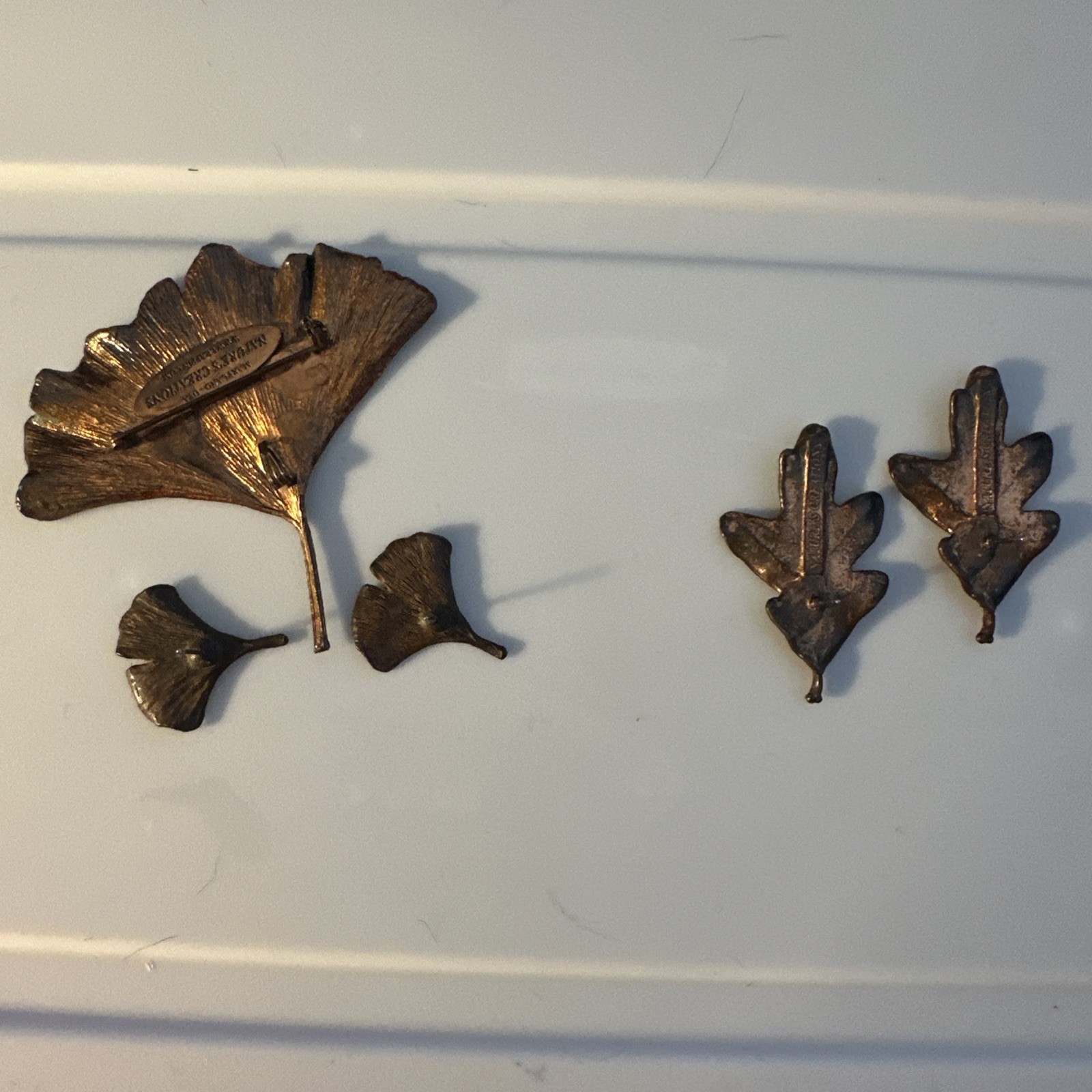 Vintage Nature’s Creations Jewelry Ginkgo Leaf Pin /pendant And 2 Pair Earrings