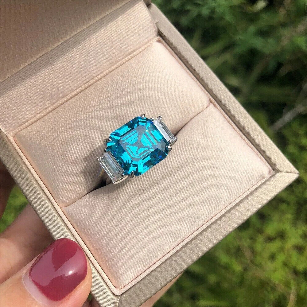 Asscher Lab-Created Blue Topaz Stunning Wedding Ring In 14K White Gold Plated