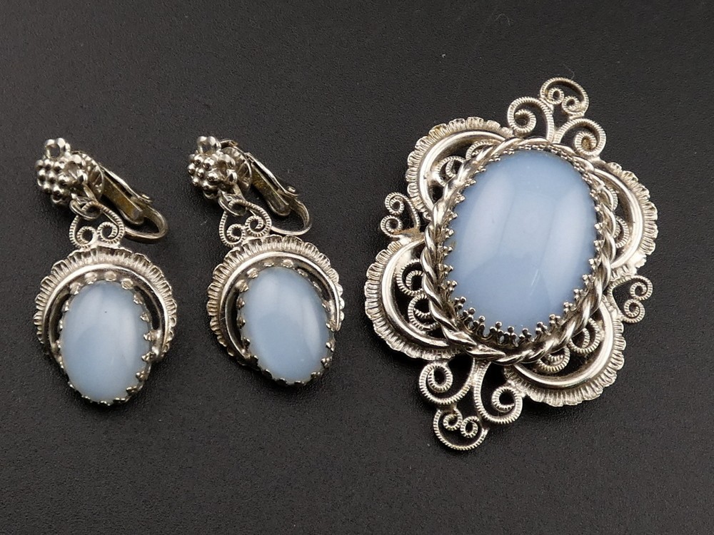 Vintage Glass Faux Moonstone Cabochon Brooch Pin and Clip On Earrings Set