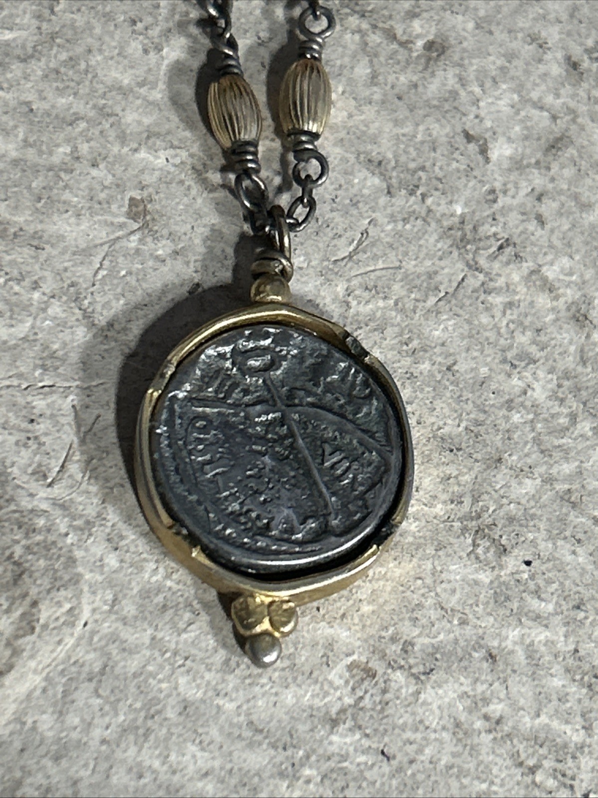 56. Vintage G.F. 925 chain Ancient Coin Replica Statement Necklace 22+”, 6.9g