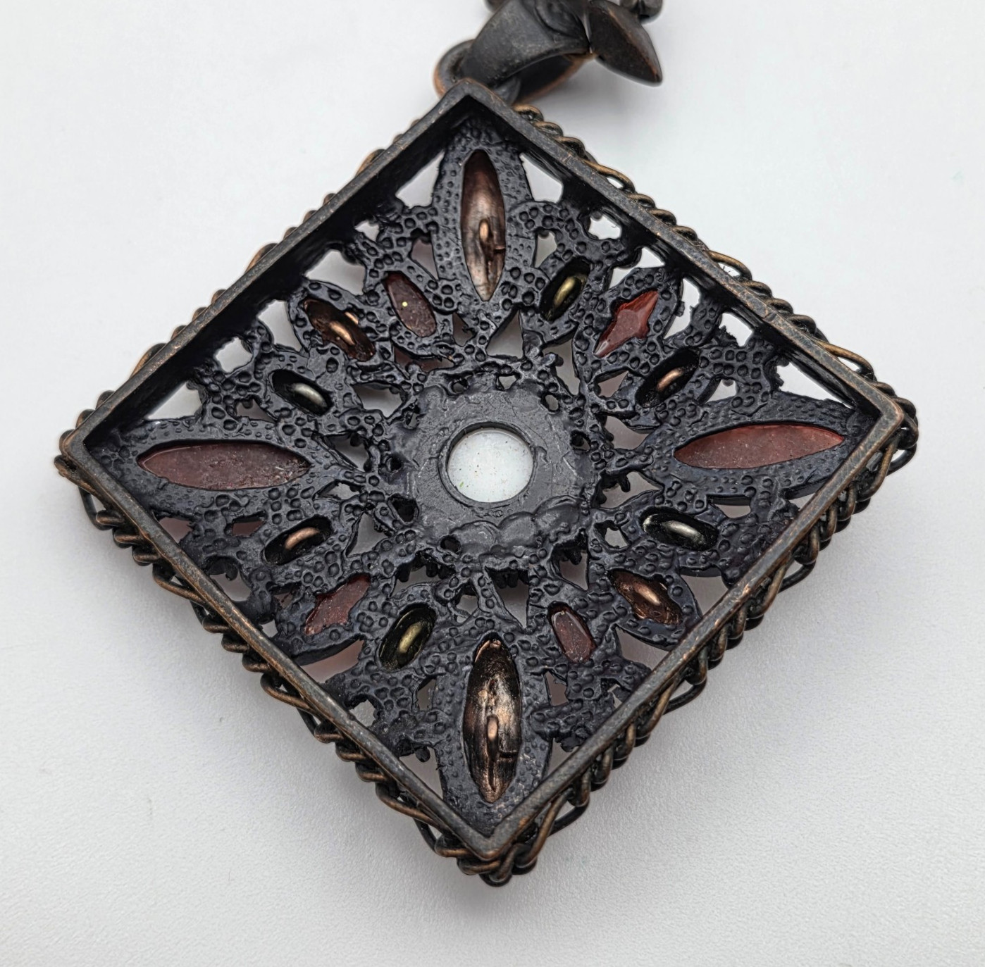 DaVinci Mosaic Statement Pendant Necklace Copper Tone Beaded 19 in Boho Vintage