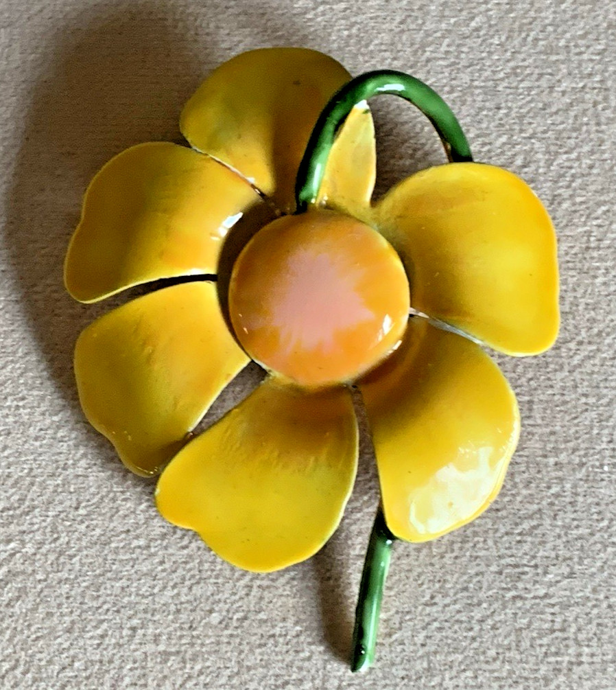 Vintage Signed Original by Robert Enamel Yellow Flower Brooch 1960’s