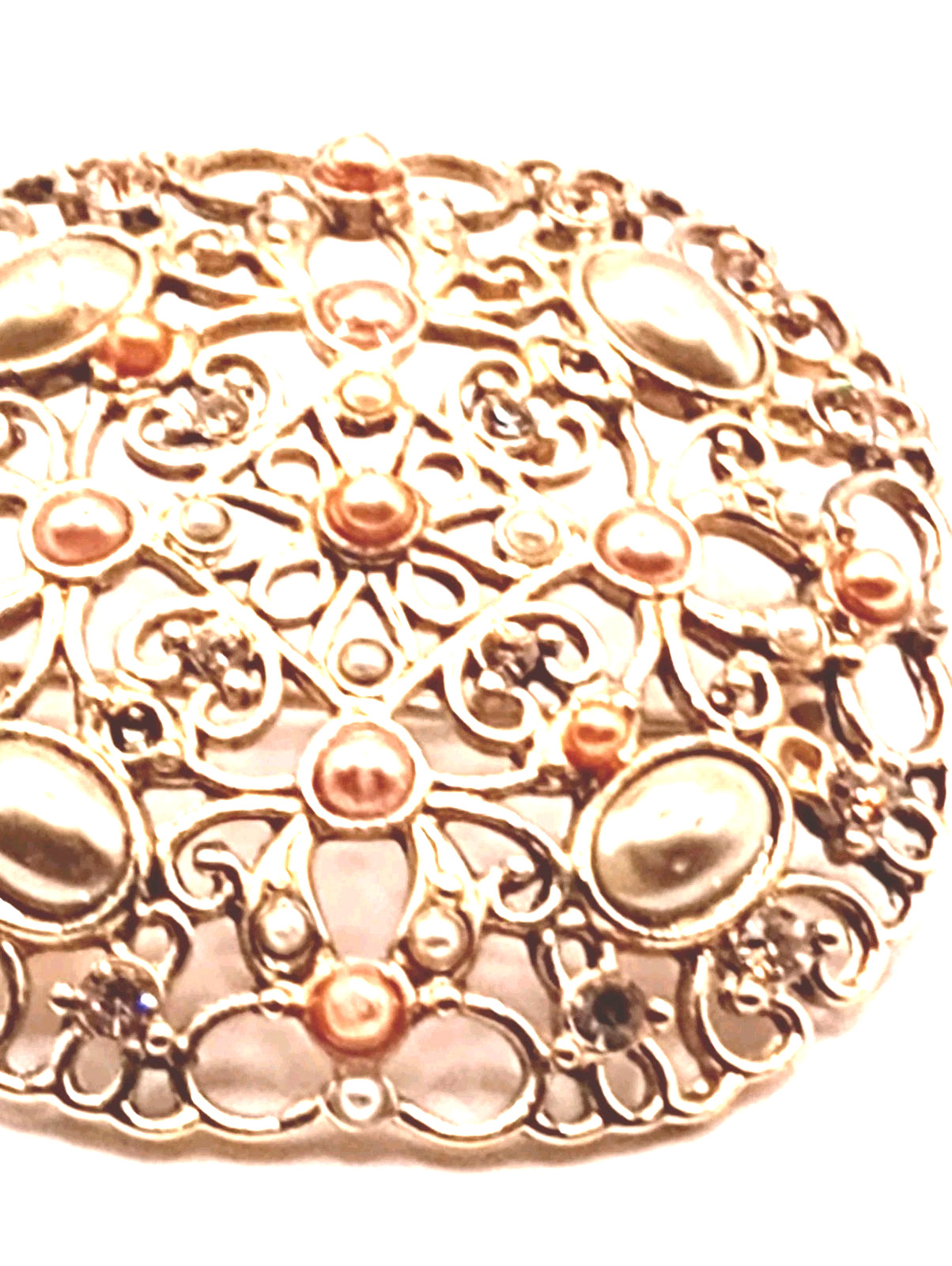 Vintage Filigree Brooch Champagne Colored White Faux Pearls Gold Tone 2 in D