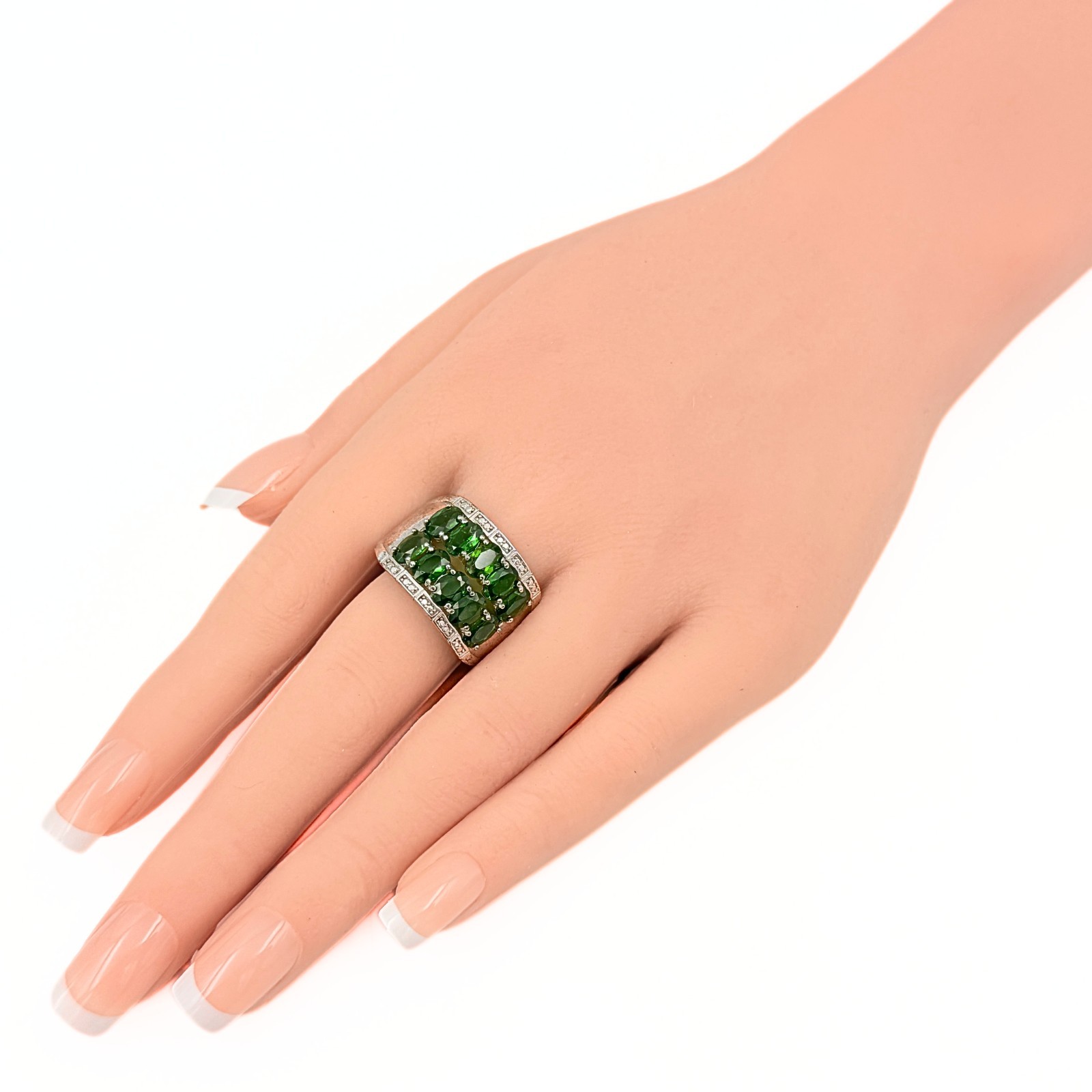Marked DK Sterling Silver Double Row Diopside Green Iolite CZ Ring Sz 9.75