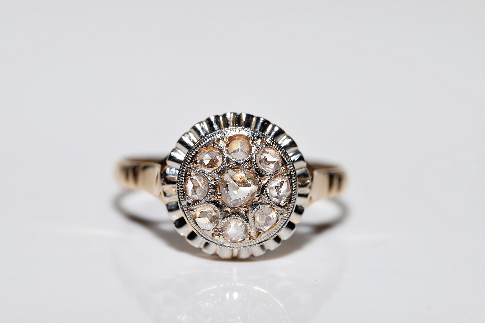 Antique Circa 1920s 18k Gold Natural Rose Cut Diamond Decorated Ring