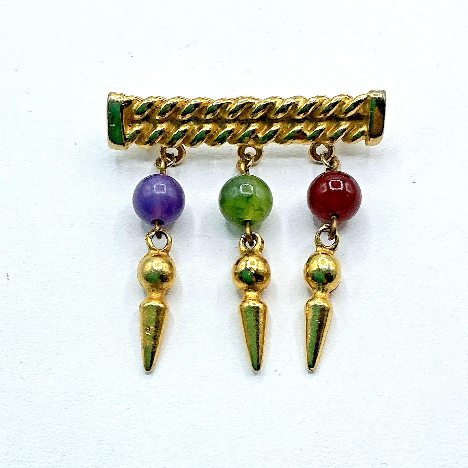 Vtg Gold Tone Bar Pin w/ Dangling Semi Precious Stones Purple Green Red Brooch