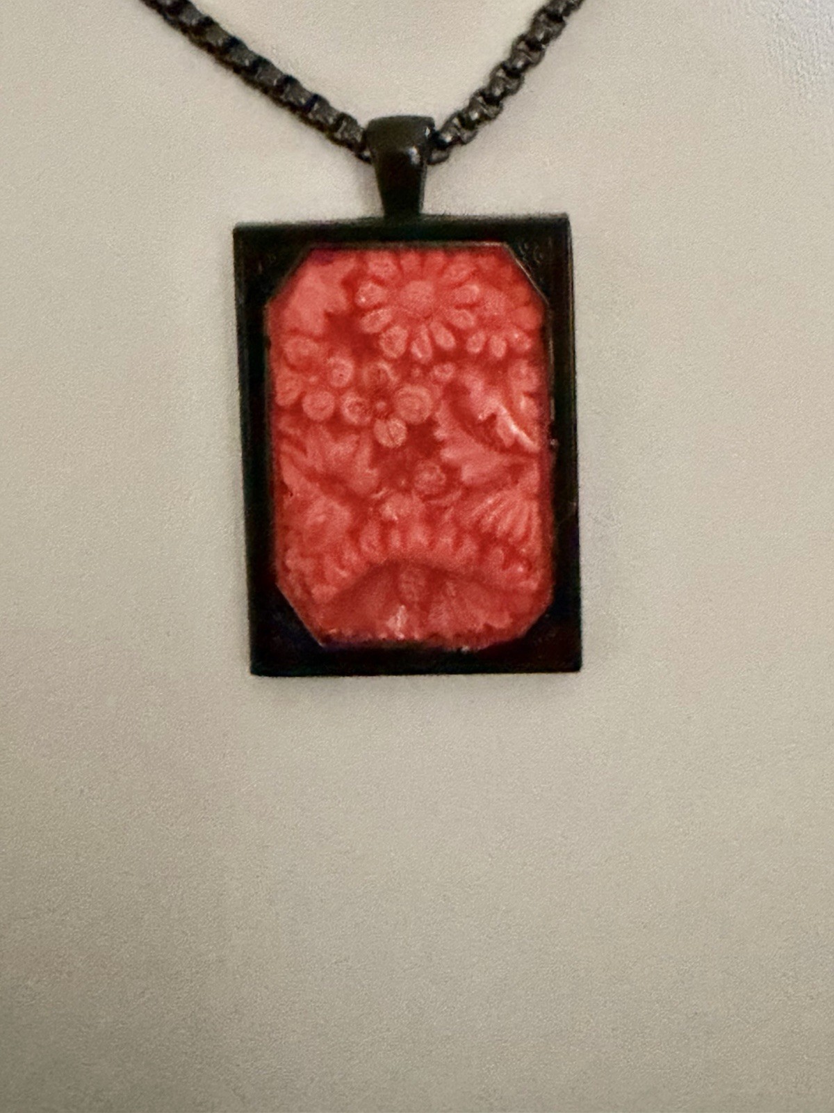 Art Deco Upcycled Bohemian Molded Coral Flowers Glass Black Rim Pendant Necklace