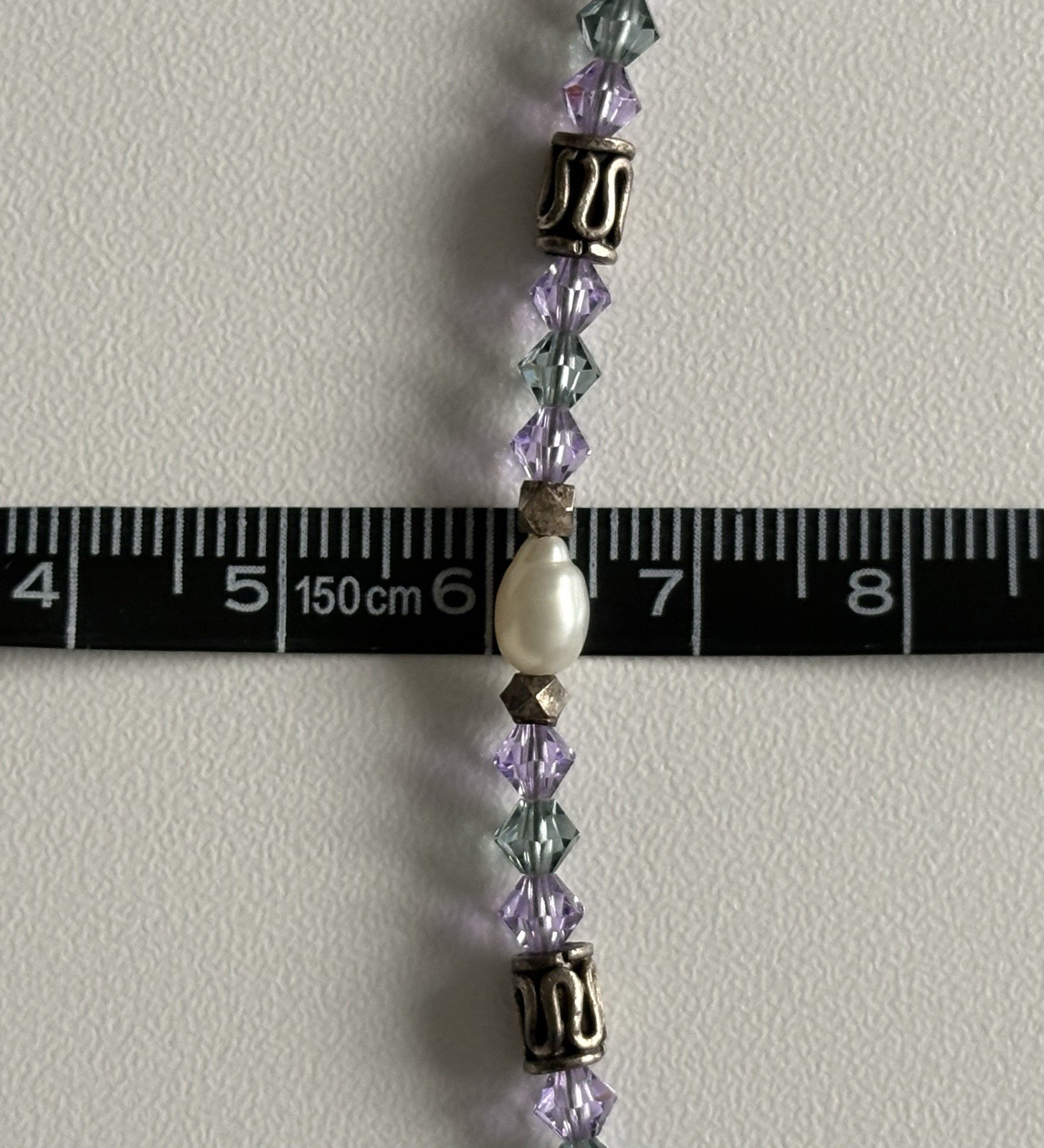 Vintage 925 Sterling Silver Teal and Purple Crystal, Pearl, Bead 7.25” Bracelet