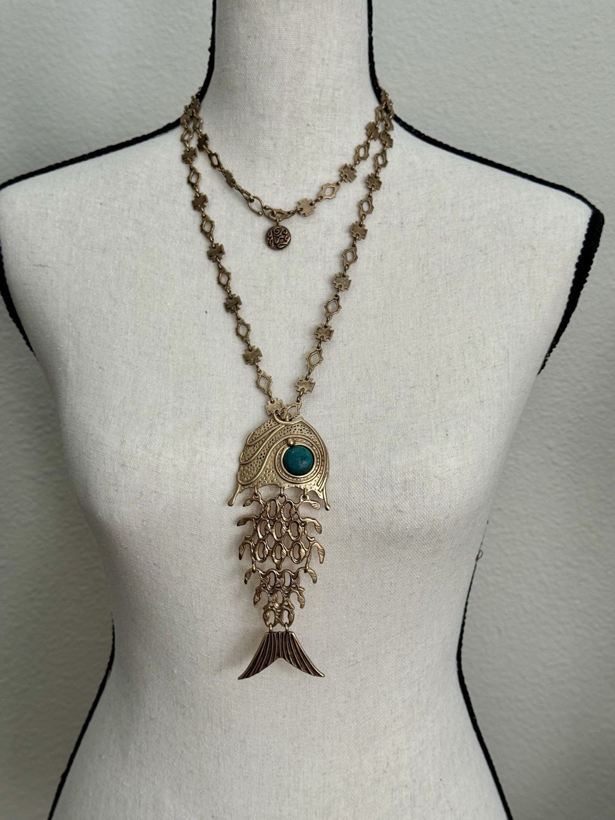Vintage Bohemian Articulated Fish Pendant Heavy Link Chain. Gypsy Hand Made