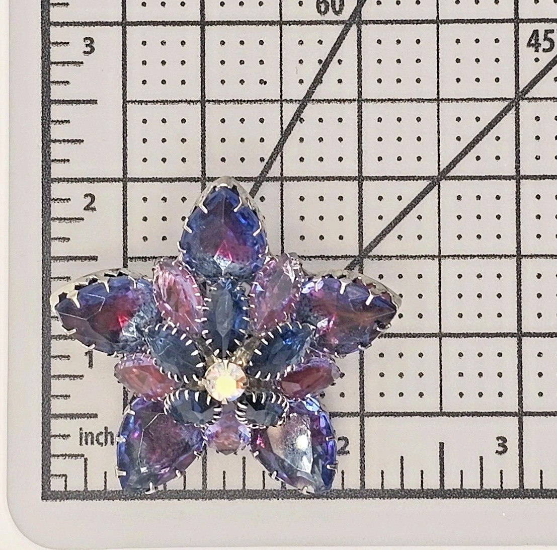 VTG Starburst Domed Purple Blue Pink Vitrail Glass Rhinestone Brooch Silver Tone