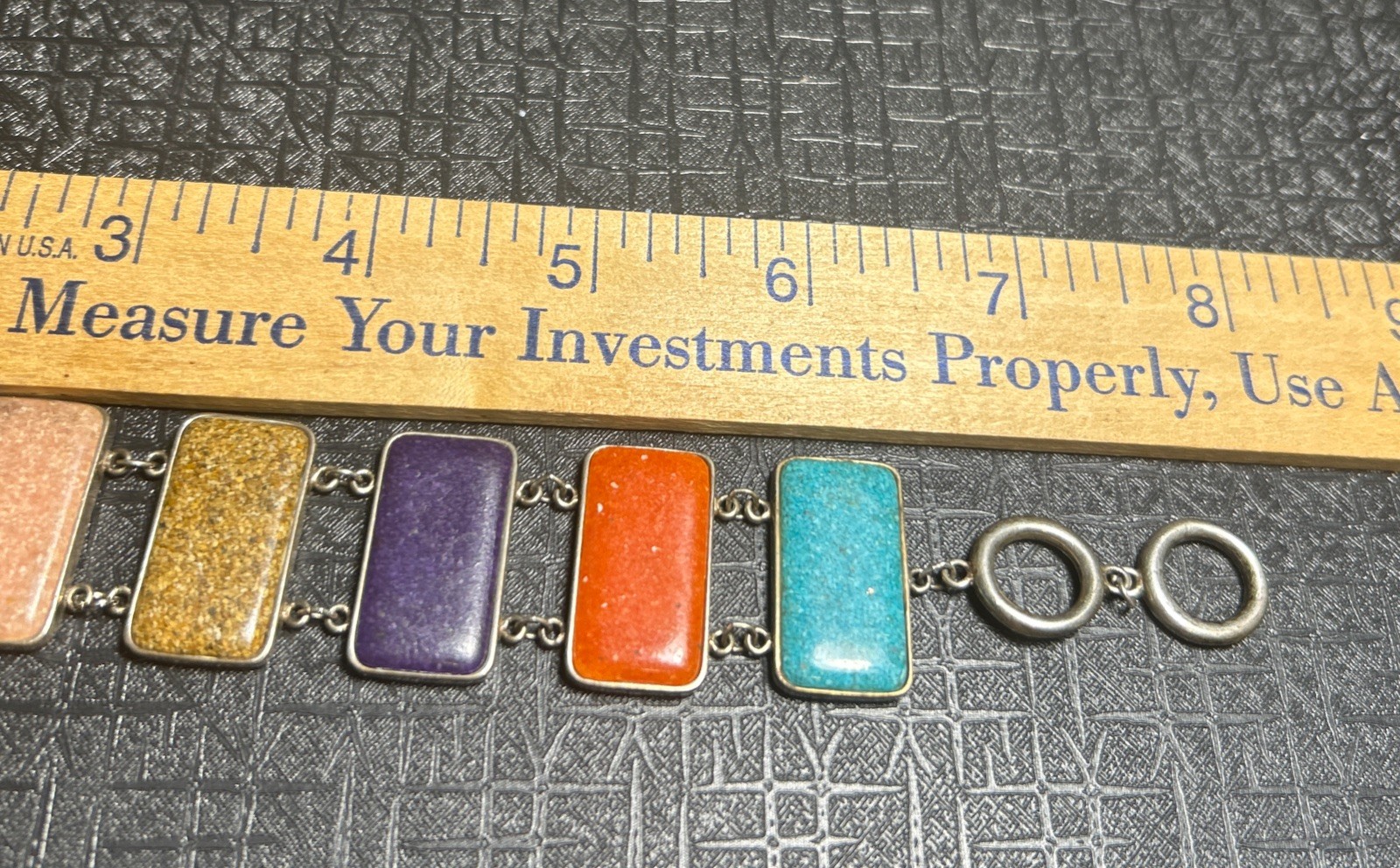 VTG Sterling Silver Multi Natural Crushed Gemstone Panel Bracelet Rectangle 925