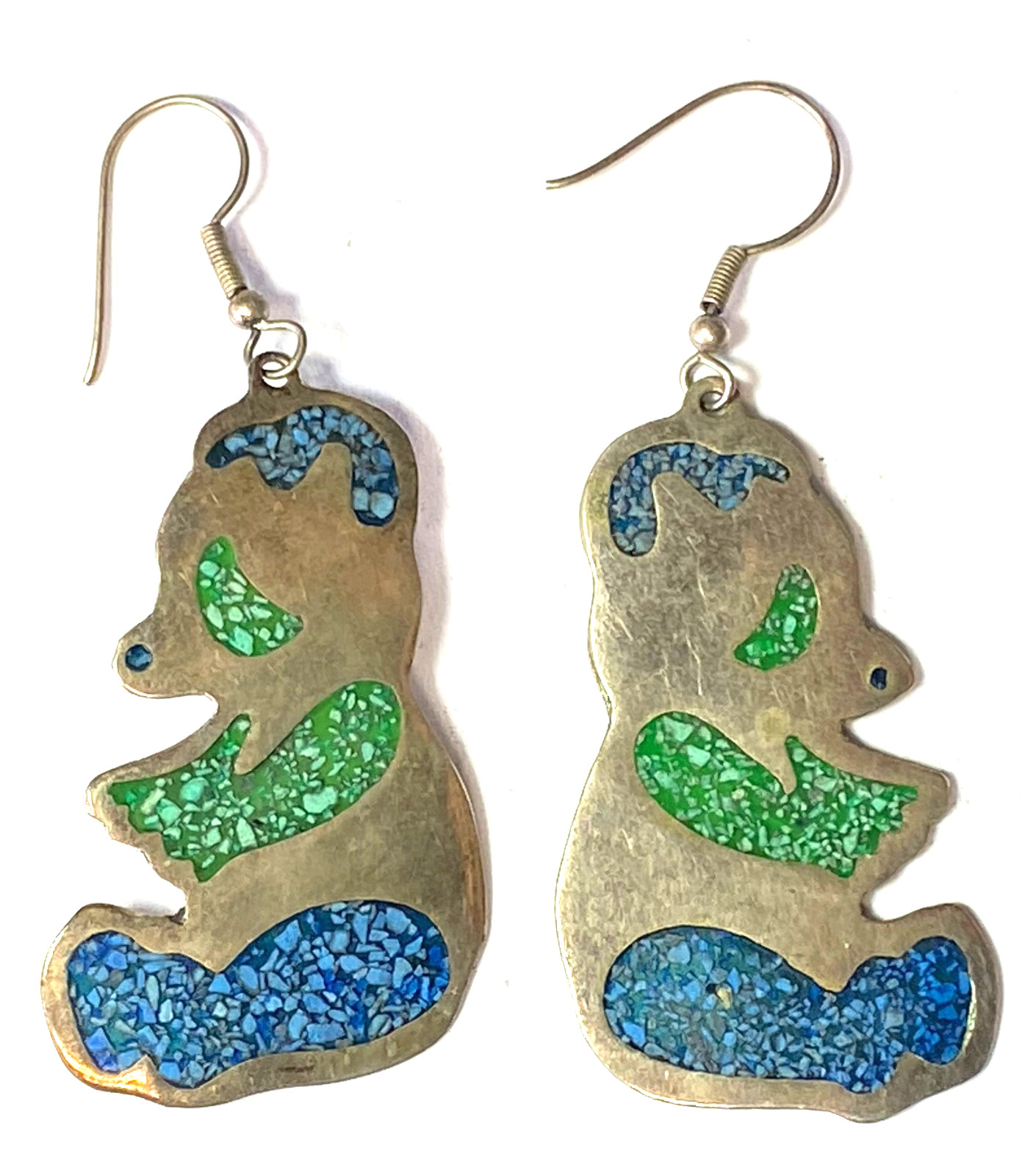 Silver Plate Chip Inlay Green Blue Hook Earrings 66mm x 26mm