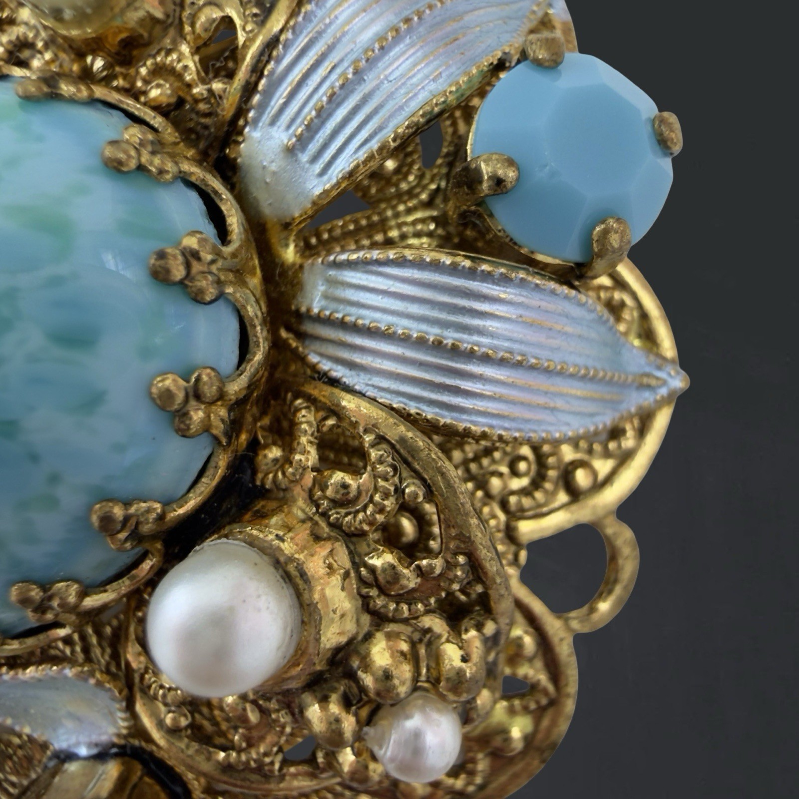 Vintage SIGNED 🖤 Western W Germany 🖤 Gold FILIGREE Turquoise Enamel BROOCH PIN