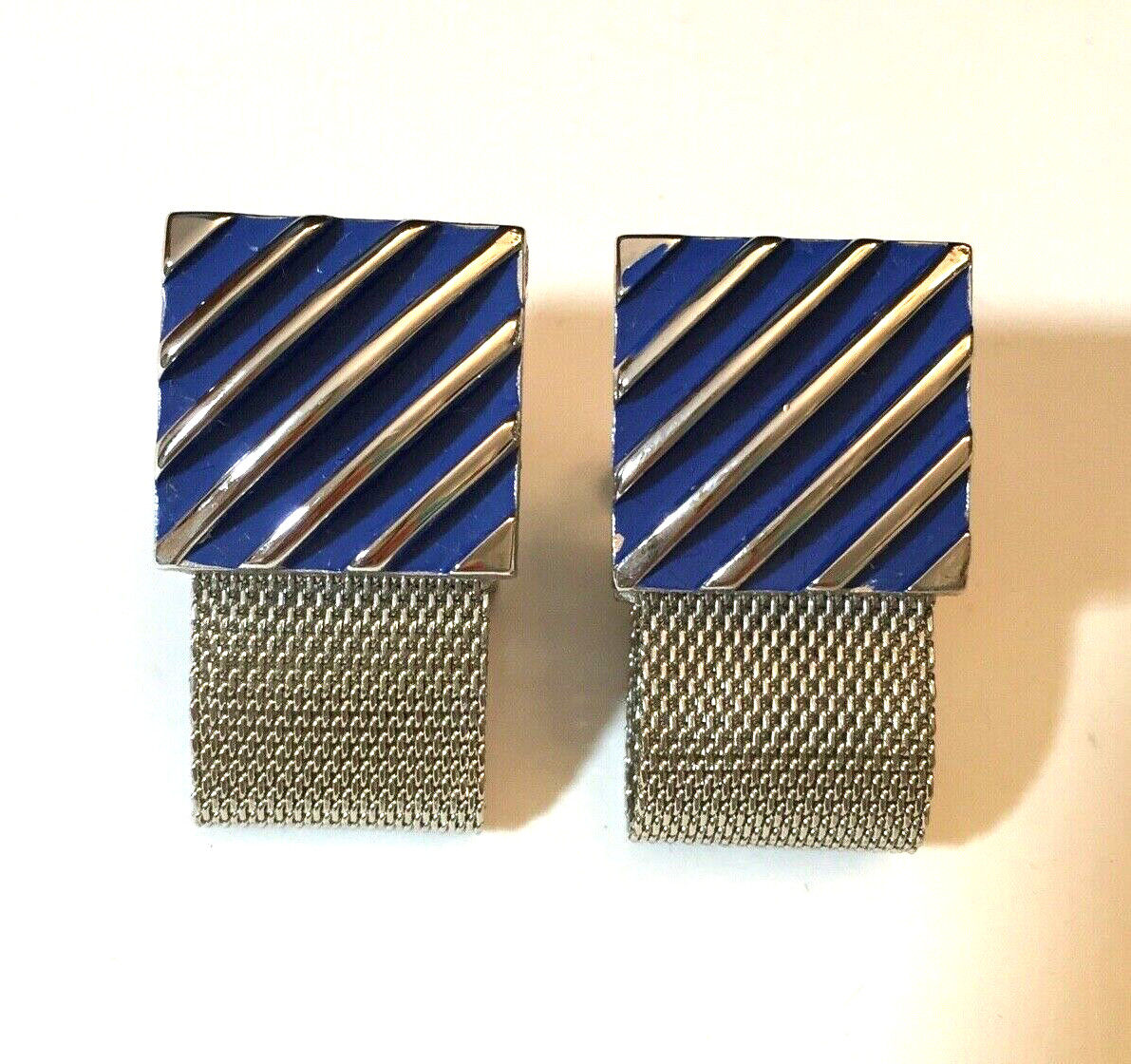 MCM Dante Cuff Links & Tie Clip Set Mesh Wrap Blue Enamel Stripe Wedding Formal