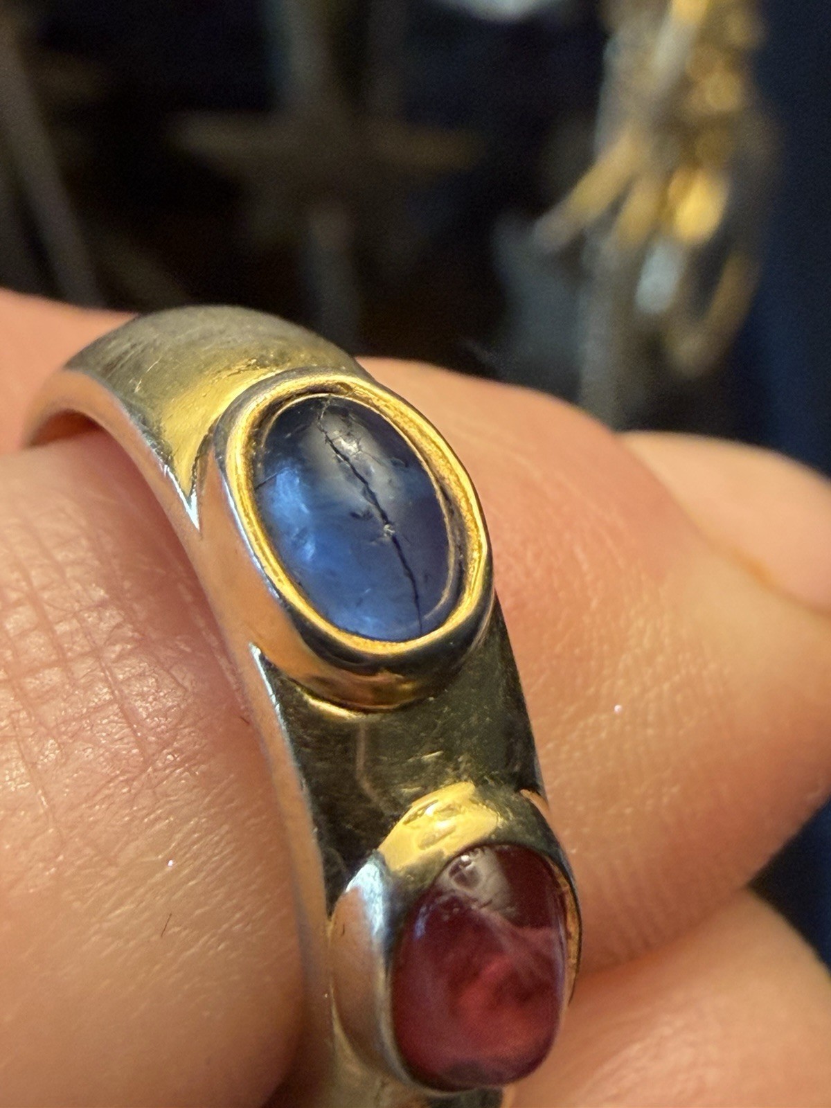 VTG 14 kt gold plated cabochon gemstones: a sapphire, a ruby, and an emerald, 6