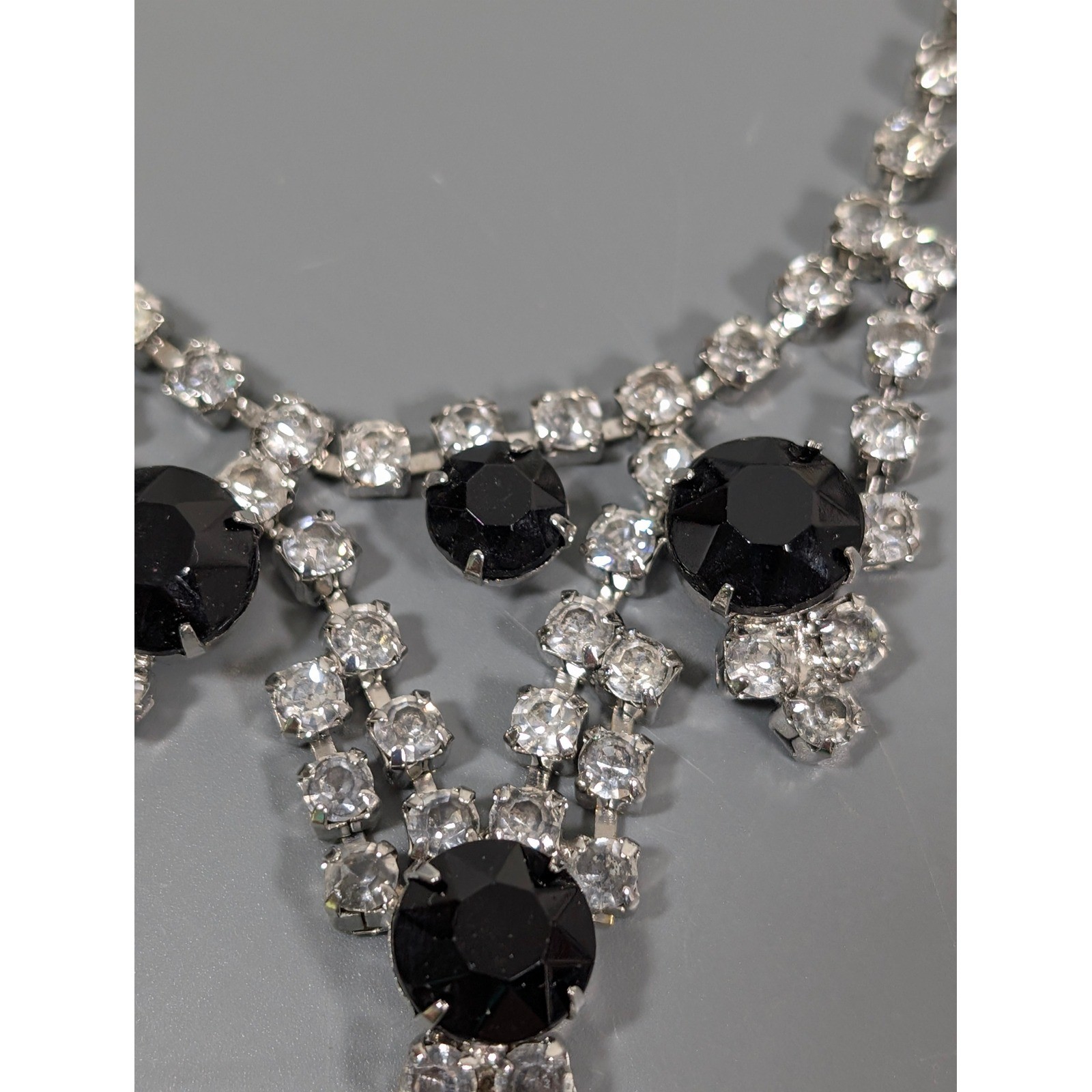 Vintage Black Clear Rhinestone Choker Necklace Silver Tone Bib Statement 15″