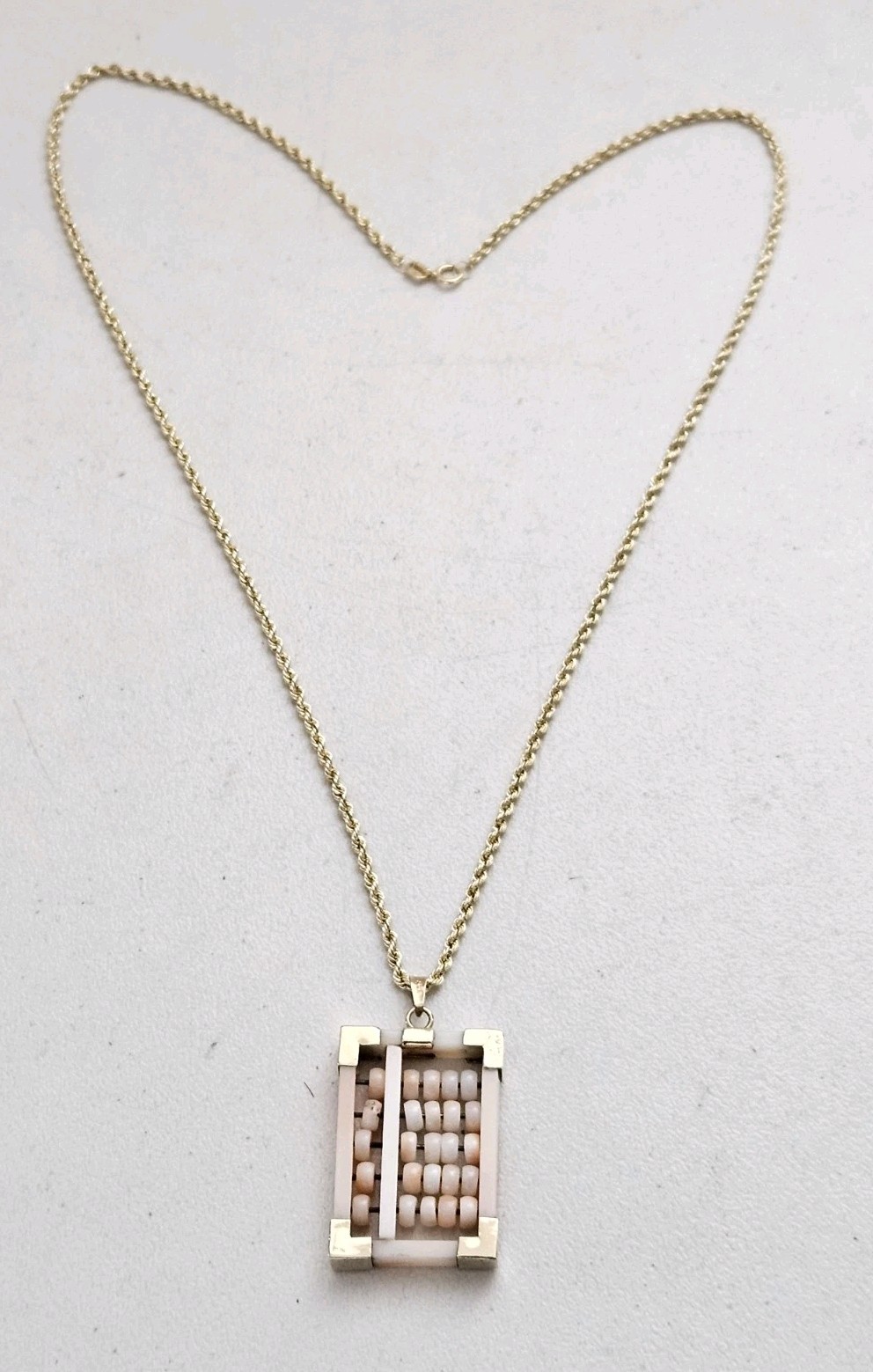 Vintage 14K Gold Angel Skin Coral Abacus Pendant 2mm Rope Chain Necklace 18-3/4″
