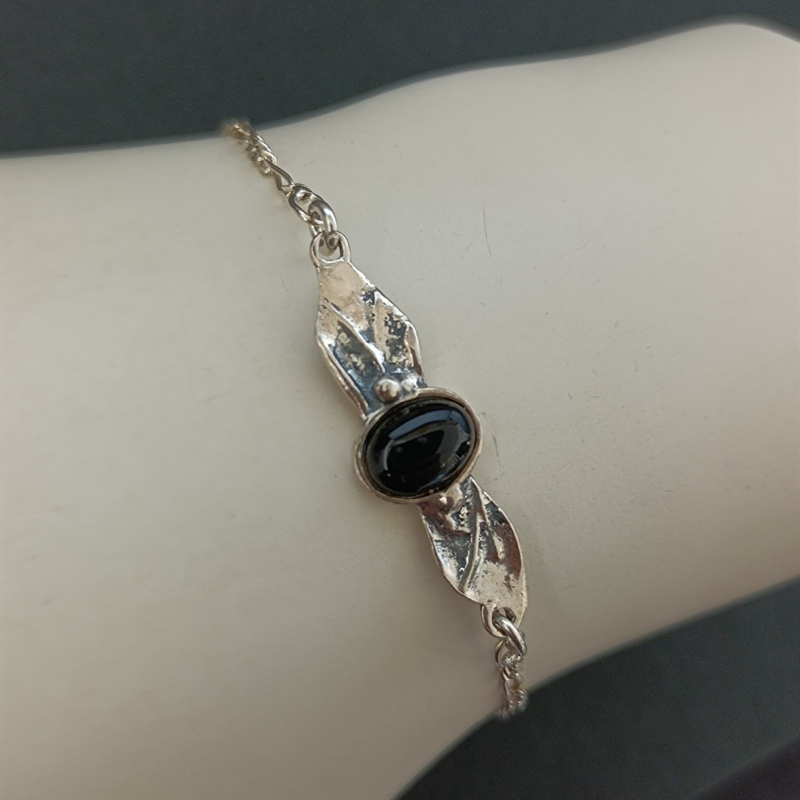 Vintage Sterling Silver Onyx Bracelet Modernist Minimalist Small Wrist Dainty