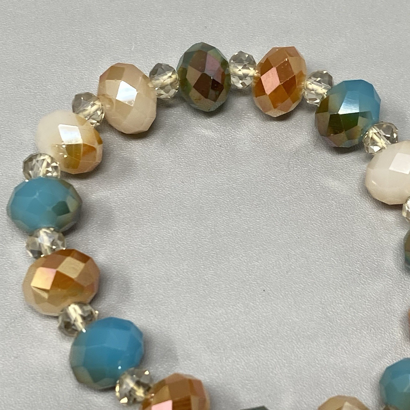 Glass Beaded Bracelet Blue Cream Gold Faceted Fire Polished Stretch Elastic 7″