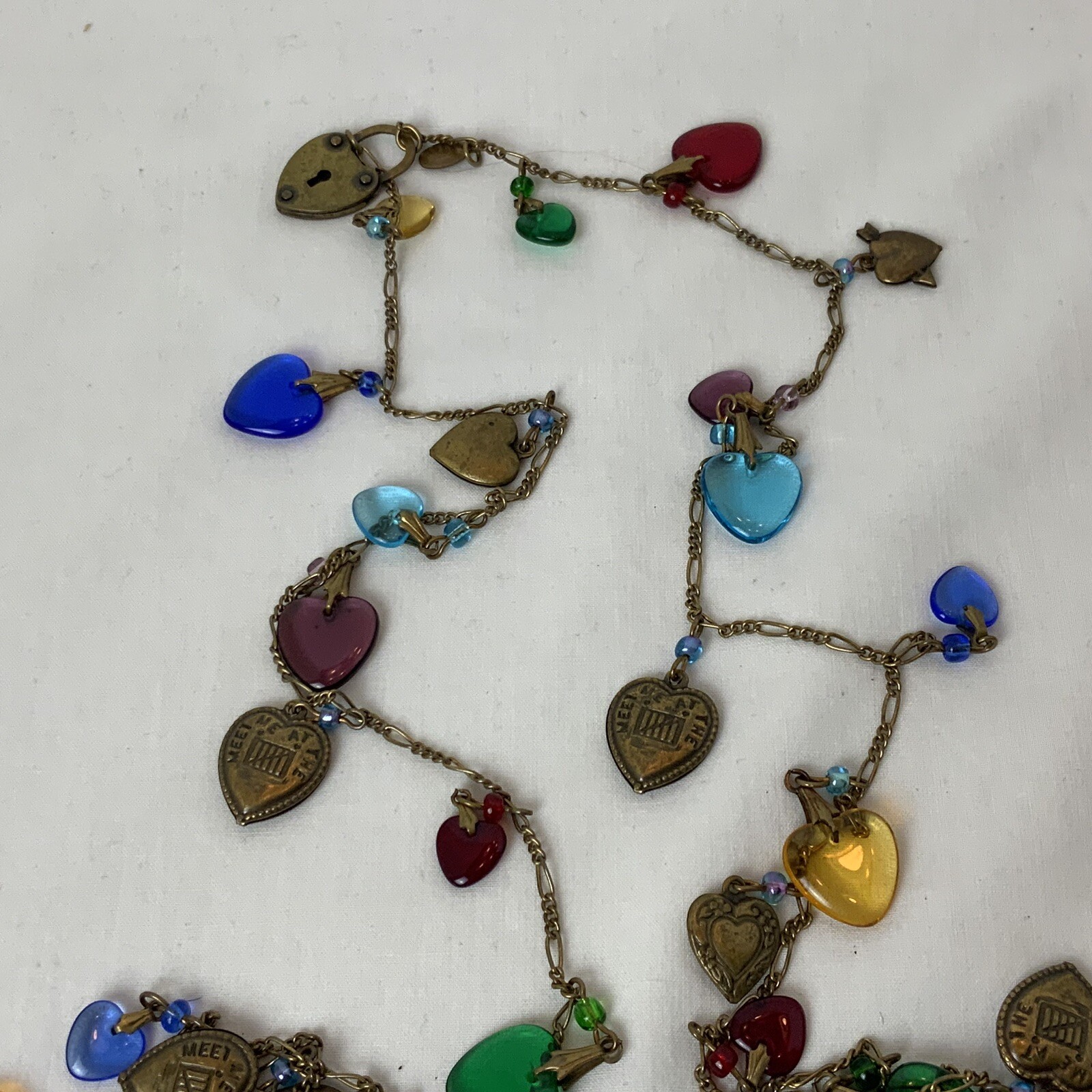 VTG Glass Works Studio G.W.S Signed Multi Color Glass Hearts Charm Long Necklace