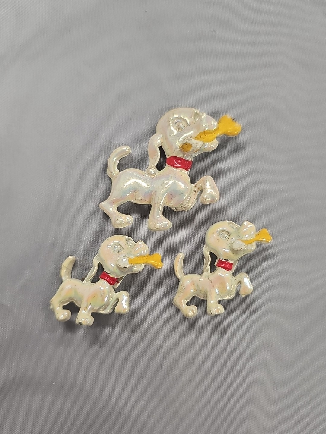 Vintage Enamel Scatter Pins Puppy Dogs With Yellow Bone Brooch